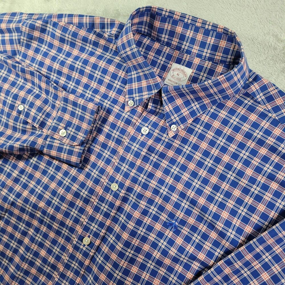 Brooks Brothers Dress Shirt Mens XL Blue Plaid Non Iron Stretch Button Down